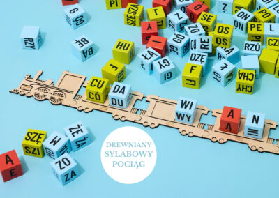 Drewniana pomoc dydaktyczna Sylabowy Pociąg w programie do nauki czytania Łowcy Wyrazów.